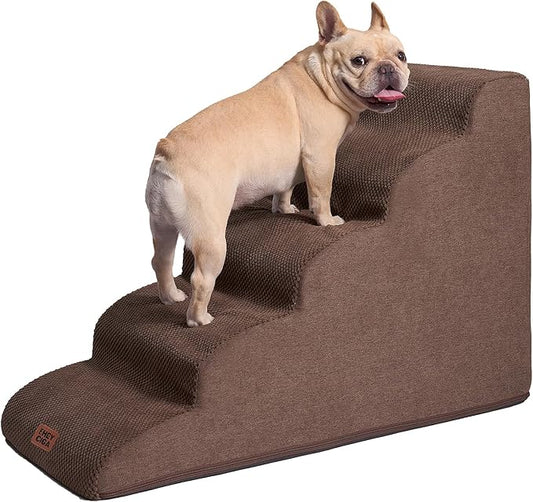 EHEYCIGA Curved Dog Stairs Ramp for High Beds 22.6" H, 5-Step Dog Steps for Small Dogs and Cats, Pet Stairs for High Bed Climbing, Non-Slip Balanced Pet Step Indoor, Brown-PawvioPets