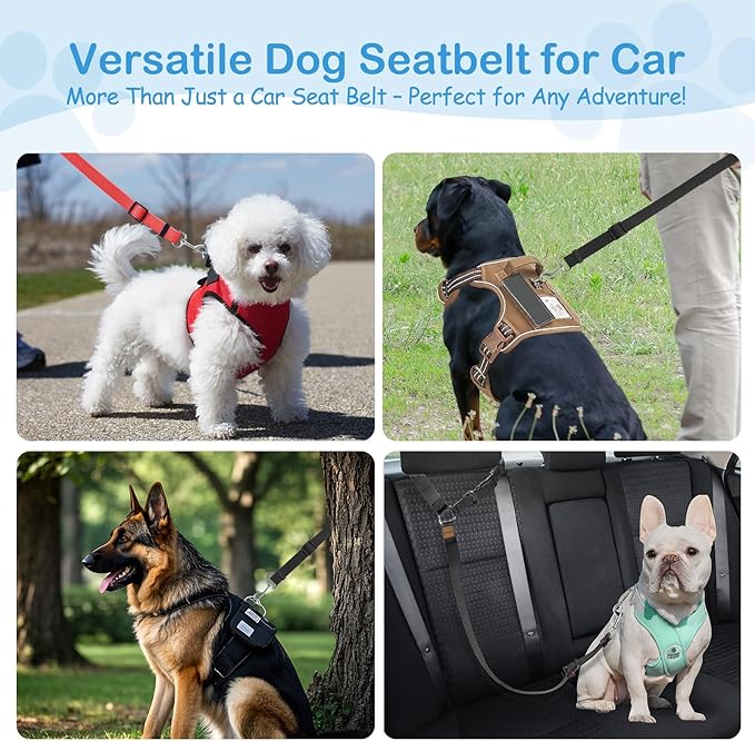 3 Pack Dog Seat Belt for Car, Car Headrest Restraint Adjustable Nylon Fabric, Dog Restraints Vehicle Seatbelts Harness (Black & Red & Purple)-PawvioPets