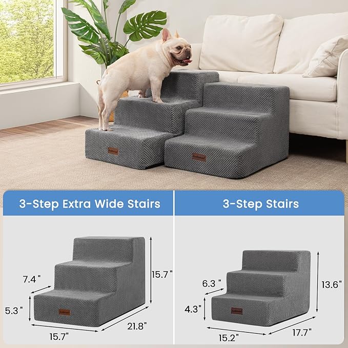 Dog Stairs for Small Dogs & Cats, 3-Step Non-Slip Pet Steps for Couch Sofa and Chair, Grey, 13.6" H-PawvioPets