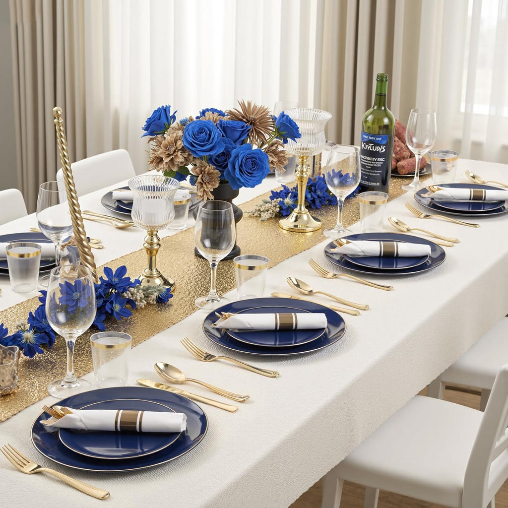 KIRE 350Pcs Blue and Gold Plates -Heavy Duty Navy Blue Dinnerware Set - 100 Plastic Plates 50 Pre Rolled Napkins with Gold Plastic Silverware 50 Cups for Upscale Birthday/Wedding/Parties