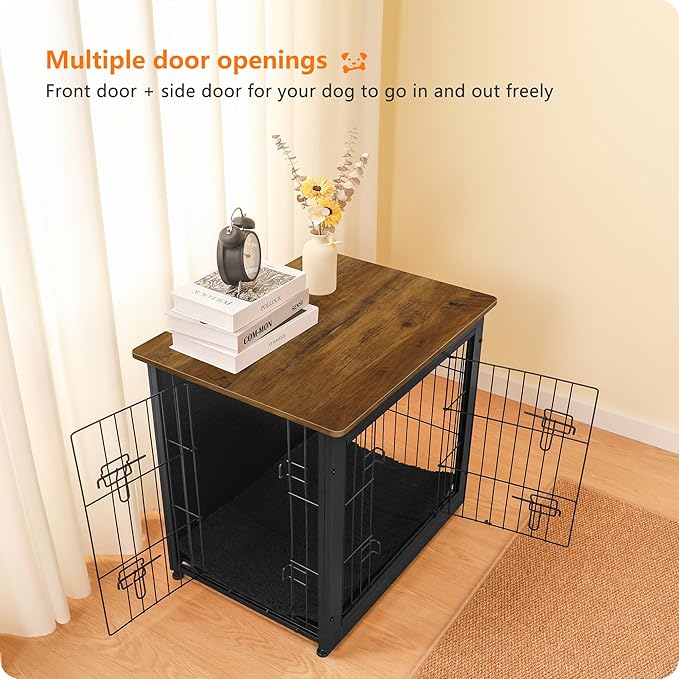 DWANTON Dog Crate Furniture with Cushion, Wooden Kennel Table with Double Doors, Indoor Dog House, Small/Medium/Large Size, 27.2" L, Black+Warm Brown-PawvioPets