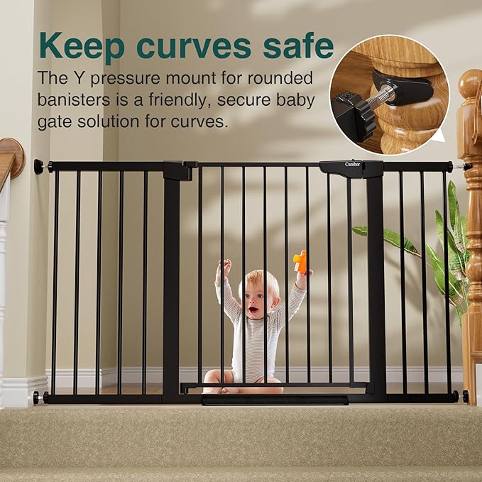 Cumbor 29.7-54.2" Wide Baby Gate for Stairs, Mom's Choice Awards Winner-Self Closing Dog Gate Indoor for Doorways, No Drilling Pressure Mounted Pet Gates for Kids, Easy Walk Through Safety Gate, Black-PawvioPets