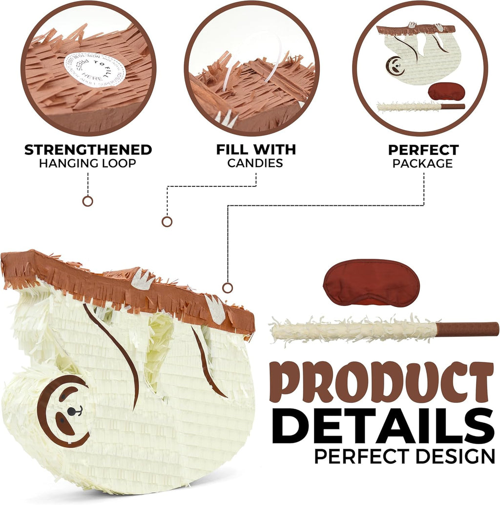 Sloth Pinatas Bundle with a Blindfold and Bat (16x12.5x4 Inches), Perfect for Birthday Parties, Farm Animal Theme Parties, Decorations