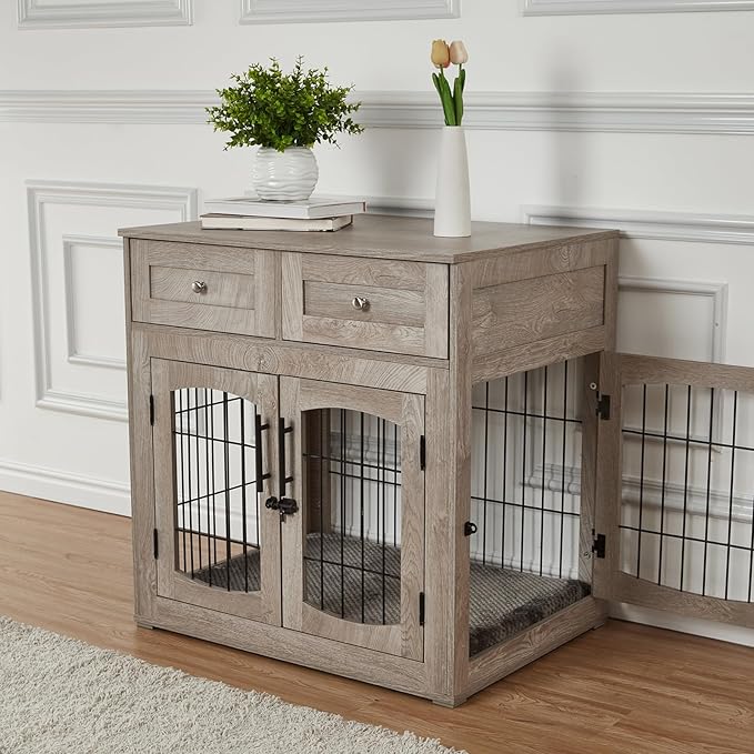 Dog Crate Furniture for Large Dogs, Wooden Dog Kennel Indoor with Double Doors, Dog Cage with Cushion & Drawers, Dog House Side End Table for Large Medium Dogs up to 70 lb, 39.4” L, Grey-PawvioPets