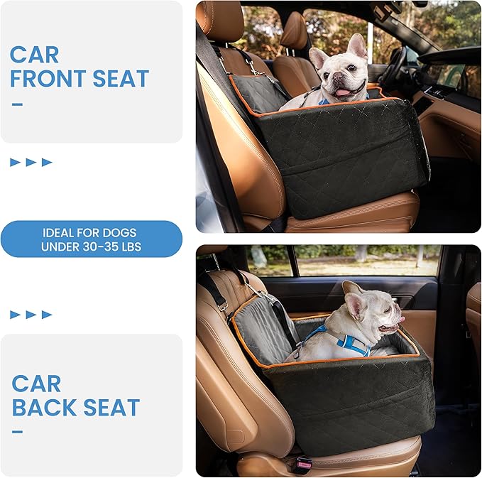 Dog Car Seat for Small Dogs - Puppy Car Seat with Safety Strap & Waterproof Padding, Portable Pet Carrier for Cars, Trucks & SUVs, Comfortable Elevated Bed for Pets Up to 35lbs (Black/Grey)-PawvioPets