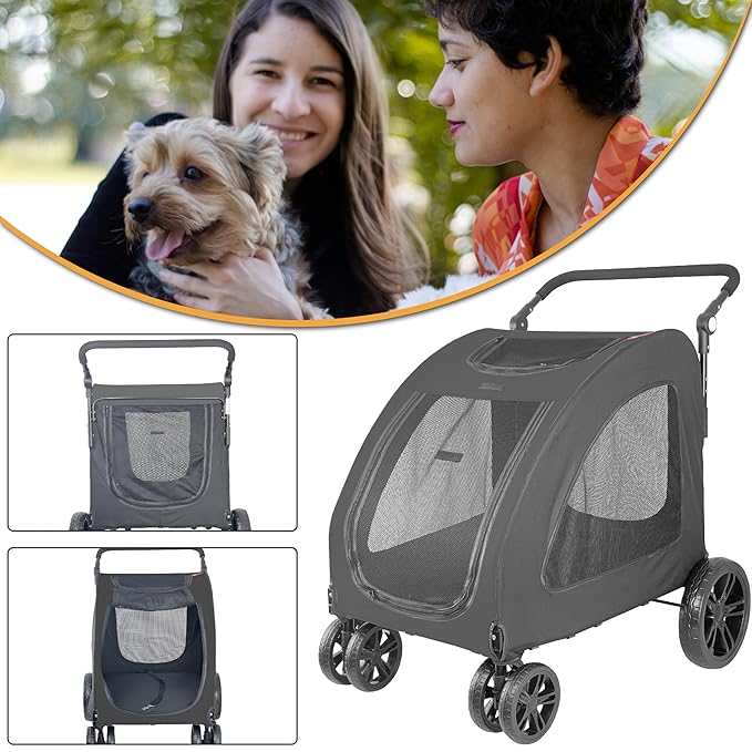 Extra Large Dog Stroller for Medium & Large Pets - Foldable Design, Adjustable Handle, Up to 130 lbs(Black)-PawvioPets