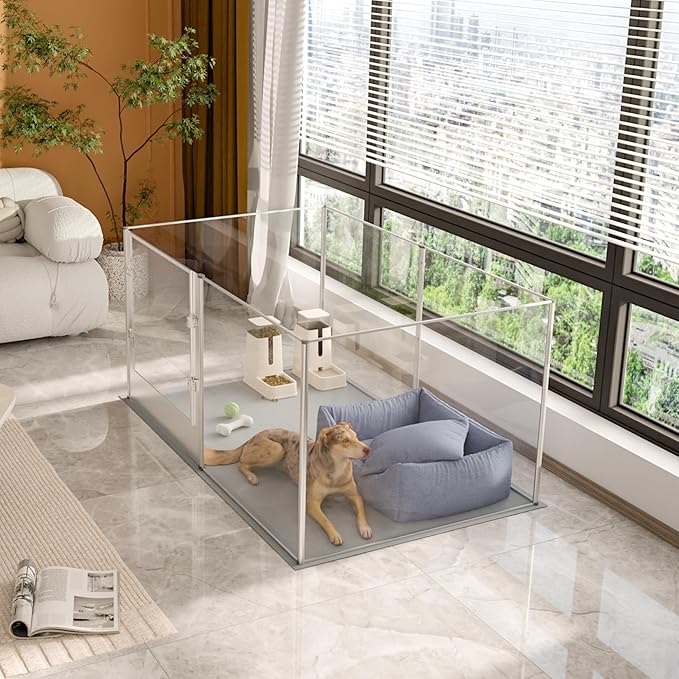 Dog Clear Playpen Fence Kennel: 32" Extra Tall Puppy Birthing Enclosure with Waterproof Fertility Pad - 64"x43" Pet Heavy Duty Play Pin Corral with Transparent View and Lockable Door for Dogs Bunny-PawvioPets