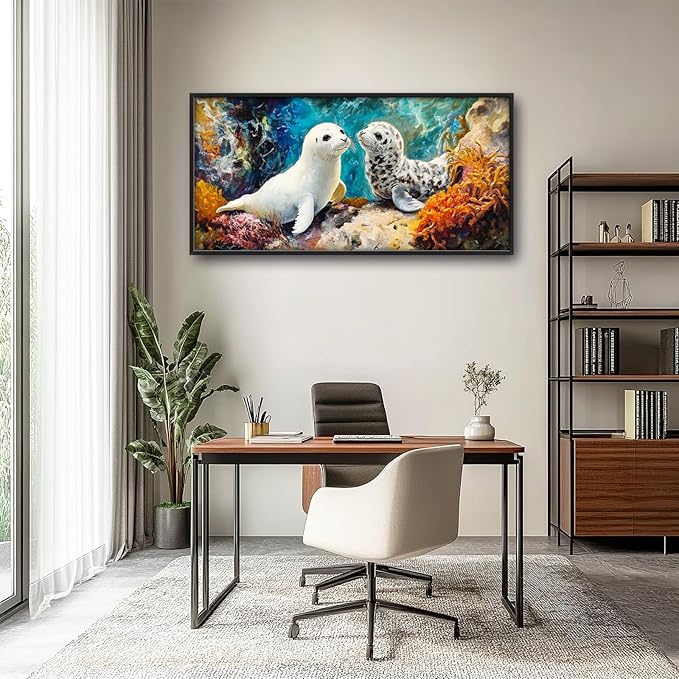 Extra Large Seal Framed Wall Art for Living Room,Oversized Underwater Animal Pictures Wall Decor,Ocean Coral Reef Canvas Print Painting Modern Artwork Bedroom Office Bathroom 60L" x 30W"-PawvioPets