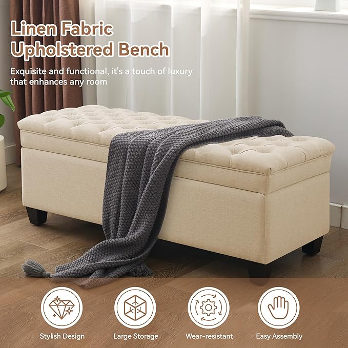 51" Fabric Storage Ottoman Bench, Upholstered Rectangle End of Bed Storage Ottoman Tufted Living Room Bedroom Bench with Safety Hinge, Solid Wood Legs, Loads 500 lb(Khaki)-PawvioPets
