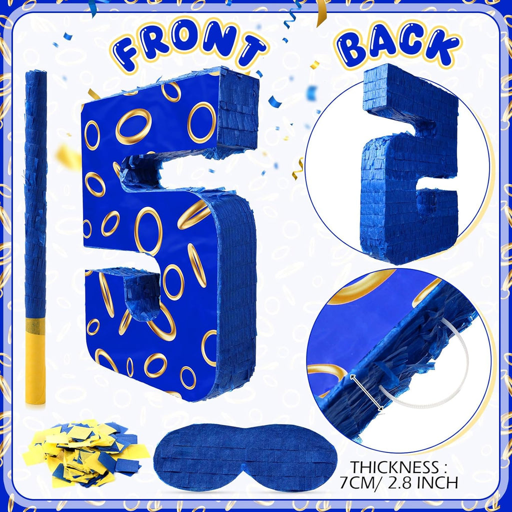 Number 5 Blue and Golden Rings Piñata for Kids Birthday Cartoon Theme Small Piñata with Blindfold Stick Confetti for Fiesta Cinco De Mayo Party Decor, 15.8 x 11 x 2.8 Inch