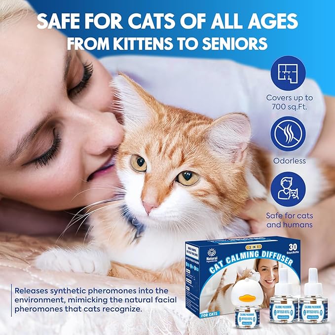 Cat Calming Pheromones Diffuser: 3-in-1 Kit Cat Appeasing Pheromone Diffuser to Calm (1 Plugin+2x48ml Refills) for Comfort Reduces Stress Anxiety, Long-Lasting Appeasing Pheromone for Pet Cat (3in1)-PawvioPets