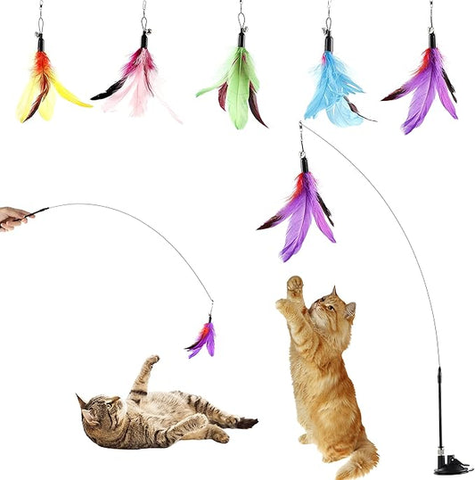 Cat Feather Toys Interactive Cats - Dorakitten Cat Powerful Suction Cup Handheld Teaser Wand Toy and 5PCS Replacement Feather with Bell for Kitty Kitten Scratching Exercise Indoor-PawvioPets