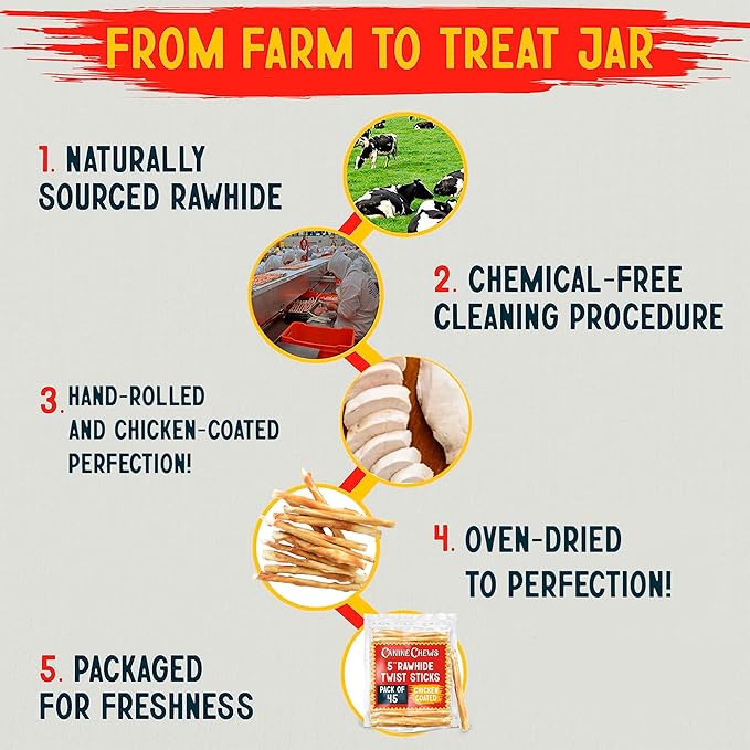 Canine Chews 5" Chicken Coated Sticks - Pack of 45 USA-Sourced Rawhide Dog Treats - Protein-Dense Wrapped Chews With 100% Real Chicken Coating-PawvioPets