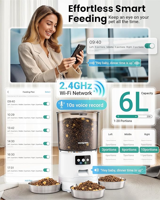 Automatic Cat Feeder for 3 Cats, 6L/25 Cups Smart WiFi Pet Feeder, Strong Anti-Jam System, Dual-Effect Desiccant Cat Food Dispenser, with 10S Voice Recorder for Cats and Small Dog(White)-PawvioPets