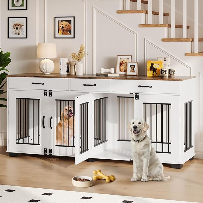 71 Inch Dog Crate Furniture for 2 Rooms, Wooden Double Crate Large Breed with Door, Dog Kennel Indoor, TV Stand End Table with Divider for Large Medium Dogs,White/Brown-PawvioPets