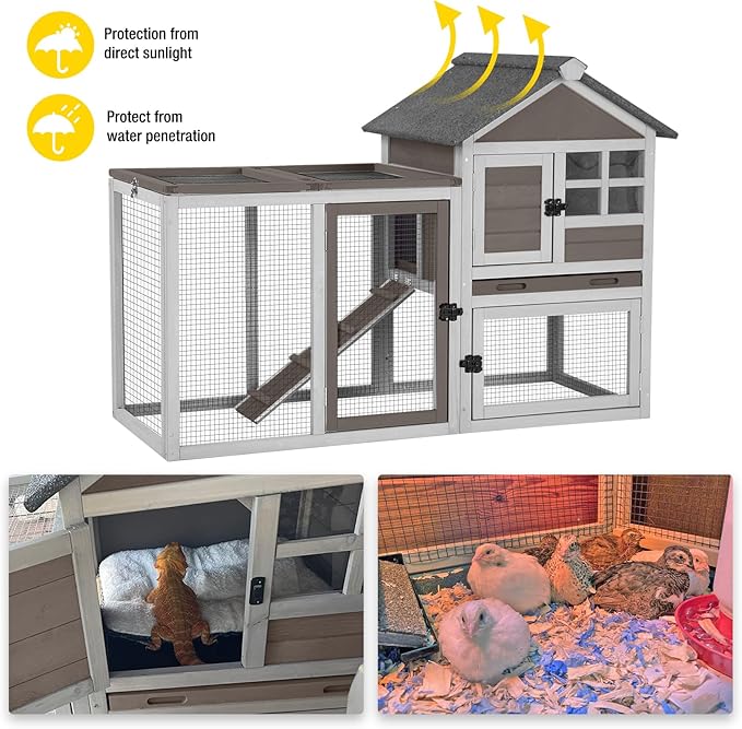Aivituvin Rabbit Hutch Indoor Bunny Cage Outdoor with Run Chicken Coop Guinea Pig House with Waterproof Asphalt Roof,No Leakage Pull Out Tray-PawvioPets