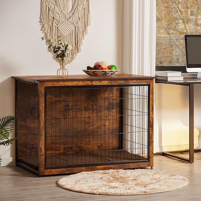 DWANTON Dog Crate Furniture with Cushion, Wooden Kennel Table with Double Doors, Indoor Dog House, Extra Large Size, 43.3" L, Rustic Brown-PawvioPets