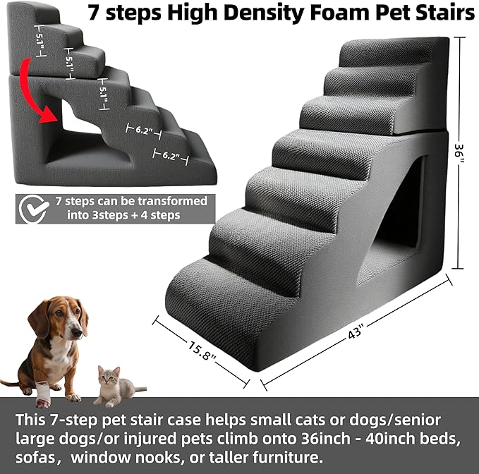 7 Step Pet Stairs Ramp for High Beds Sofas 22-42 Inch, Non-Slip Dog Stairs for Small Old Medium Large XL Dogs Cats, Sturdy 75 Pounds 33D Foam Balanced 6-Tier Ladder with Machine Washable Cover-PawvioPets