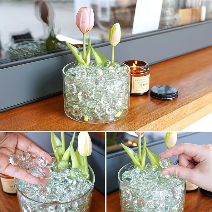 5LB Clear Flat Glass Marbles for Vases, Gemstone Beads Vase Filler Decorative Glass Pebbles for Fish Tank, DIY Crafts, Aquarium Decor Rocks-PawvioPets