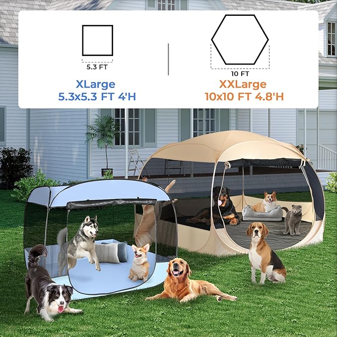 EighteenTek XXLarge Popup Portable Dog Houses, 10'x4.8'H Assembly-Free Gazebo-Style Dog Cot Cat Playpen Screen Pet Tent Sun Shade Shelter Dog Bed with Canopy for Outdoor Anti-Bugs with Leakproof Floor-PawvioPets
