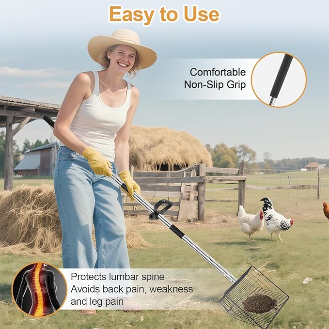 15" Chicken Poop Scooper & Rake, Metal Chicken Coop Scoop for Poop with 24 to 68" Adjustable Stainless Steel Handle, Litter Scooper Sifting Shovel Chicken Coop Accessories-PawvioPets