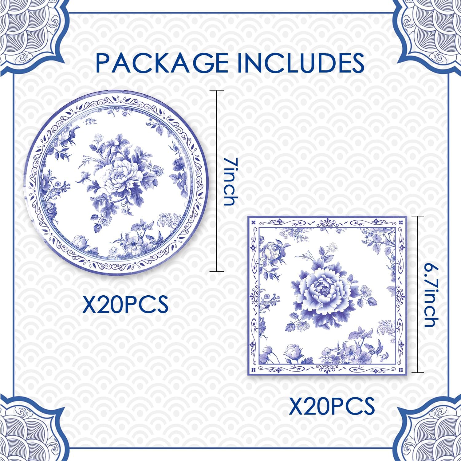 40pcs Blue and White Flower Party Decorations Disposable Blue Floral Plates and Napkins Flower Tableware Set for Bridal Shower Decoration Wedding Tea Party,Suitable for 20 Guests.