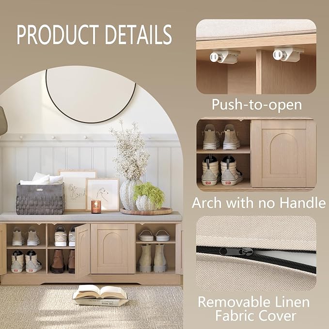 DINZI LVJ Shoe Bench, Entryway Storage Bench with Doors, Cushion, 2-Tier Shoe Rack with 8-Cubby, 47.2”L x 13.8”W Shoe Organizer Cabinet, Adjustable Shelf, Living Room, Bedroom Natural-PawvioPets