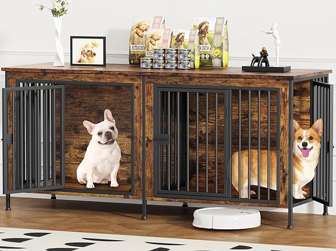 EasyCom 63" Dog Cage Furniture for 2 Pets with Divider, XL Wooden Double Dog Crate Furniture TV Stand for Mideum Breed, Durable and Sturdy-PawvioPets