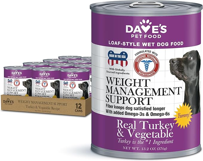 Dave's Pet Food Weight Management Dog Food (Turkey & Vegetables), Made in USA, Weight Loss, Soft, Canned Wet, 13.2oz (12 Pack)-PawvioPets