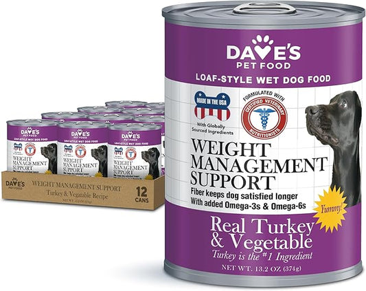 Dave's Pet Food Weight Management Dog Food (Turkey & Vegetables), Made in USA, Weight Loss, Soft, Canned Wet, 13.2oz (12 Pack)-PawvioPets
