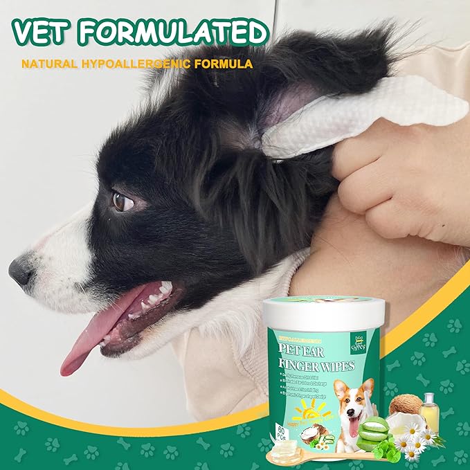 60 ct Pet Ear Finger Wipes for Dogs - Extra-Coverage and Large Design with Coconut Oil and Aloe Vera, Relieve Ear Itching and Inflammation, Remove Ear Wax and Debris, Soothing Cleansing Deodorizing-PawvioPets