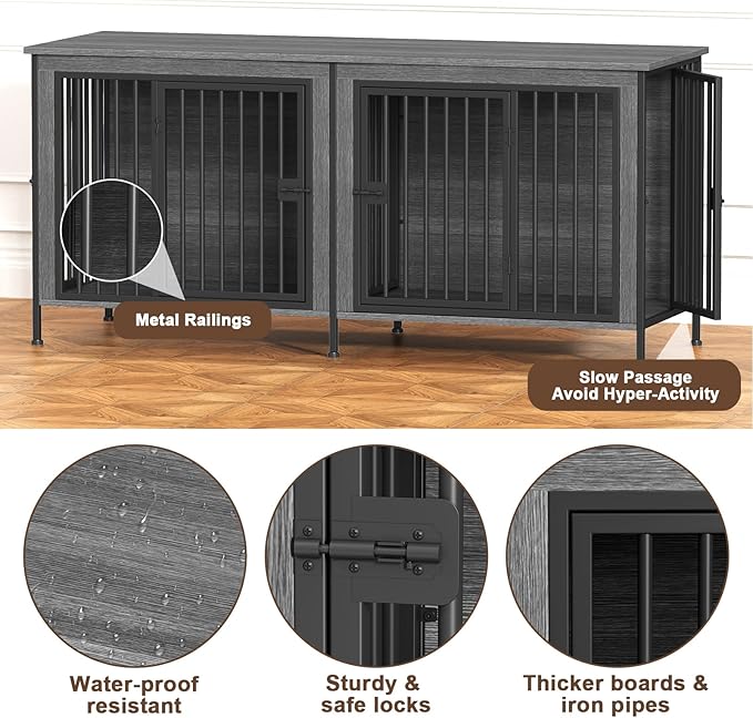 EasyCom 63" Dog Cage Furniture for 2 Pets with Divider, XL Wooden Double Dog Crate Furniture TV Stand for Mideum Breed, Durable and Sturdy-PawvioPets