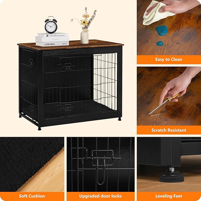 DWANTON Dog Crate Furniture with Cushion, Wooden Kennel Table with Double Doors, Indoor Dog House, Medium Size, 32.5" L, Black+Rustic Brown-PawvioPets