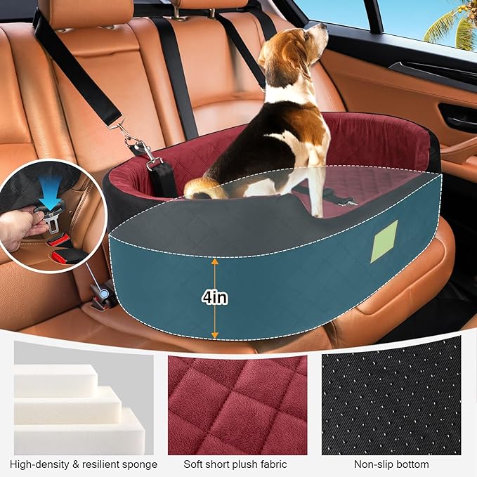 Dog Car Seat for Medium Dogs Up to 50 lbs, Pet Booster Seat for Cars SUVs and Trucks, Travel Dog Bed with Safety Strap, Thick Cushion, Non-Slip Base, Washable and Portable(Black/Red-PawvioPets