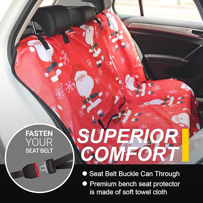 Back Seat Cover for Car Trucks Van SUV,Waterproof Rear Bench Towel Seat Covers for Dogs and Kids,Automotive Backseat Protector (Santa Claus)-PawvioPets