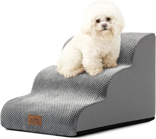 Dog Stairs for Small Dogs 15.7" H, Curved Dog Step for Puppy, Older Cat, Medium Pet Ramp for Sofa, Couch or Bed, Ladder with High Density Foam, 15.7x22.4x15.7 inch, 3 Step, Grey-PawvioPets