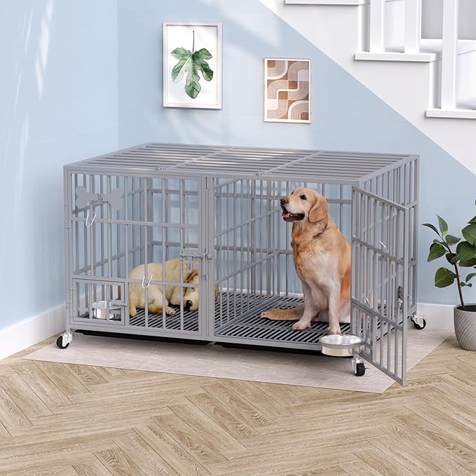aboxoo 48/42 inch Heavy Duty Metal Dog Crate for 2 Dogs/Large Dog,All Metal Open Top,Dog Kennel Indoor with Wheels,Floor Grid, Tray, Divider and Feeding Bowl (Sliver)-PawvioPets
