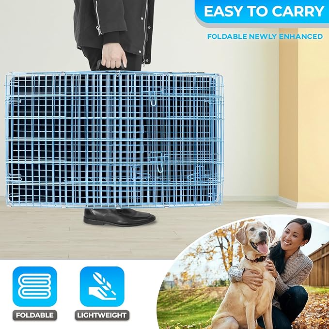 FDW Dog Crate for Large Dogs 42 Inch Folding Metal WirePet Cage Double Door W/Divider Panel Indoor Outdoor Kennel Leak-Proof Plastic Tray,Blue-PawvioPets