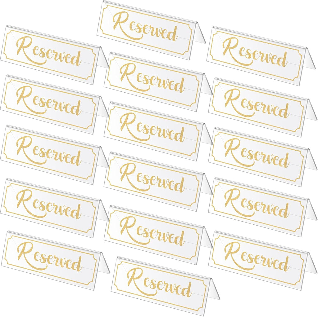 Jetec 16 Pieces Reserved Sign Acrylic Clear Reserved Table Tent Signs Table Number Holders for Wedding Printed Seating Reservation Restaurant Business Office Meeting Party (Gold)