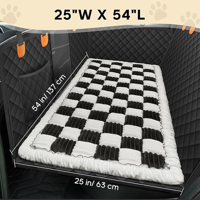Backseat Pet Bed Mat, Non-Slip Plaid Dog Bed for Car Back Seat, Flannel Backseat Dog Bed, Fit for Backseat Extenders and Trucks SUVs (Black&White, 24.8x54 inch)-PawvioPets