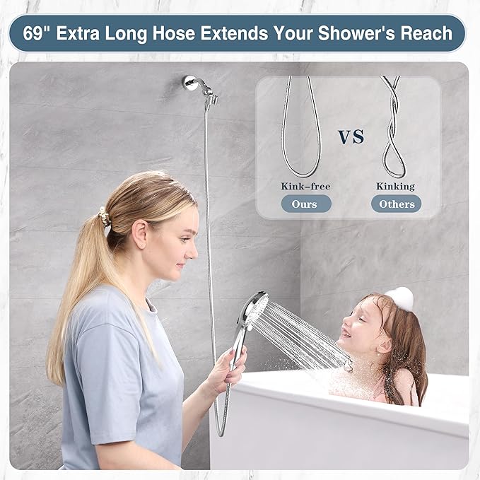 BRIGHT SHOWERS High Pressure Shower Head with Handheld, 9 Spray Settings Showerhead Built in Power Wash to Clean Tub and Pets, Extra Long 69" Hose, Adjustable Bracket, Chrome-PawvioPets