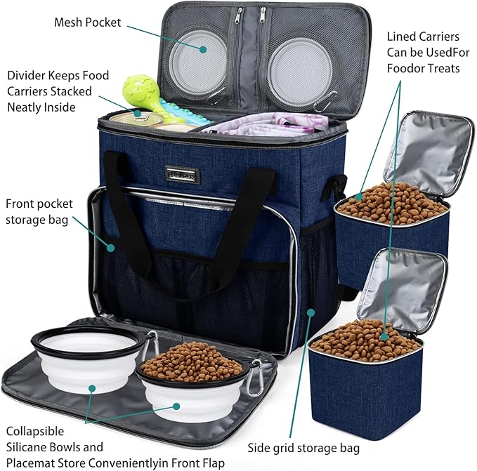 BAGLHER Dog Travel Bag, Pet Travel Bag (ALL Pet Travel Supplies), With 2 Pet Food Containers and 2 Collapsible Silicone Bowls; Essential Kits for Pet Travel Dark Blue-PawvioPets