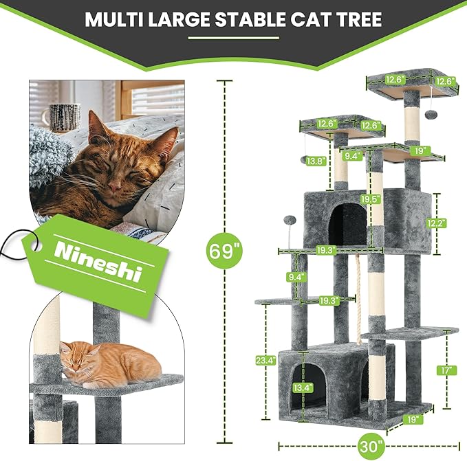 69in Large Cat Tree Tower for Indoor Cats with Soft Plush Hang Ball, Two Condos, Sisal Scratch Posts & Rope Play for Kittens/Adult Cats, Grey-PawvioPets