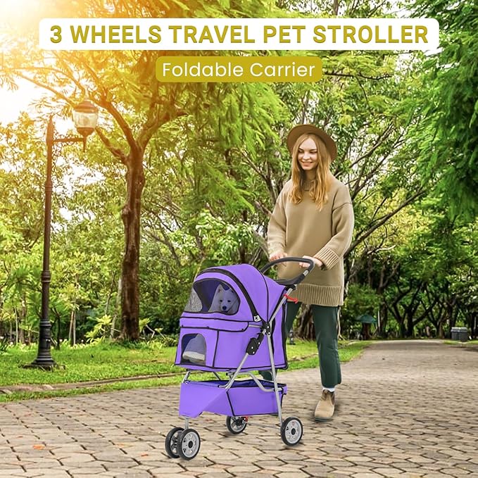 Foldable Pet Stroller,Dog Stroller with 3 Wheel,Pet Strolling Cart,Dog Travel Carrier with Storage Basket and Cup Holder for Dog Puppy,Purple-PawvioPets