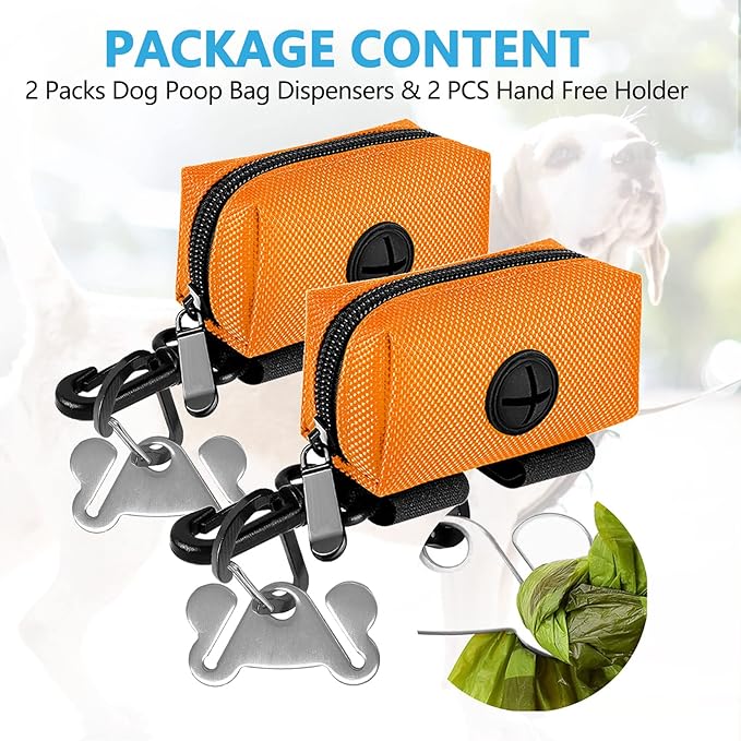 Dog Waste Bag Dispenser Pet Poop Bags Holder for Doggie Waste Bags Dispensers Soft Fabric Zipper Small Doggy Puppy Pouch for Leash Accessory Attachment with Carrier,2PC Orange-PawvioPets