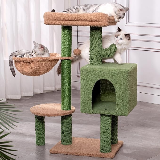 Cactus Cat Tree Small Cat Tower with 32 Inches Scratching Post with Cats Condo House, Cozy Hammock and Removable Top Bed and Dangling Ball for Indoor Cats-34” Green-PawvioPets