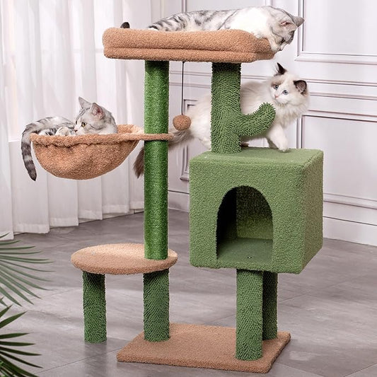 Cactus Cat Tree Small Cat Tower with 32 Inches Scratching Post with Cats Condo House, Cozy Hammock and Removable Top Bed and Dangling Ball for Indoor Cats-34” Green-PawvioPets
