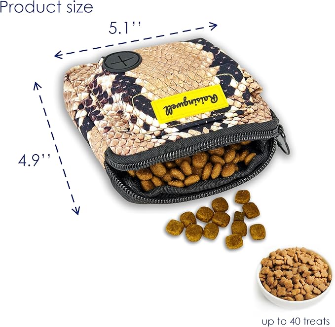 Dog Treat Pouch for Pet Walking and Training with Clicker Poop Bags and Double Bag Design Small Fanny Zipper Pack Holder for Puppy Snack Dispenser Kit for Leash and Outdoor Use Snake Skin-PawvioPets