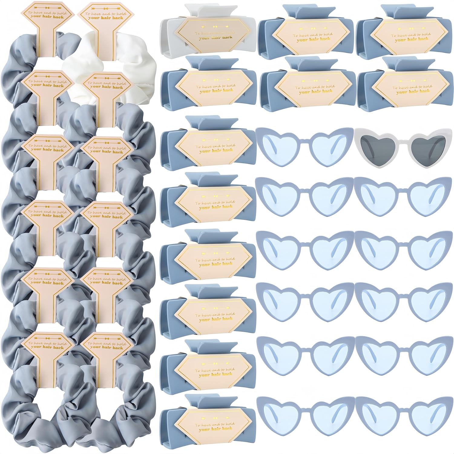 36pcs Bridesmaid Scrunchies Proposal Gifts Bachelorette Hair Claws Clips Girls heart sunglasses for Wedding Party Favors (White&Dusty Blue)