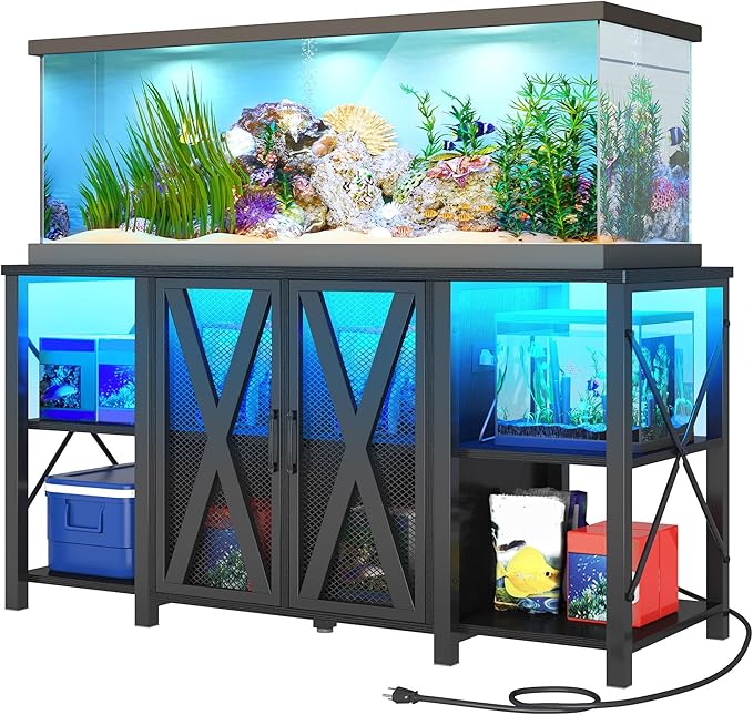 DWVO Reptile Tank Stand Aquarium Stand with Power Outlet & LED Light, 75/90/120 Gallon Terrarium Stand Cabinet - Heavy Duty Fish Tank Stand for Turtle Tank, Reptile Terrarium, 2000LBS Capacity, Black-PawvioPets